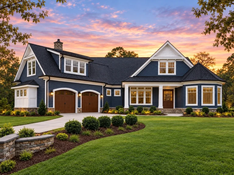 Front elevation of a New American Traditional house featuring horizontal siding, stone accents, steep gabled rooflines, and an inviting covered entry