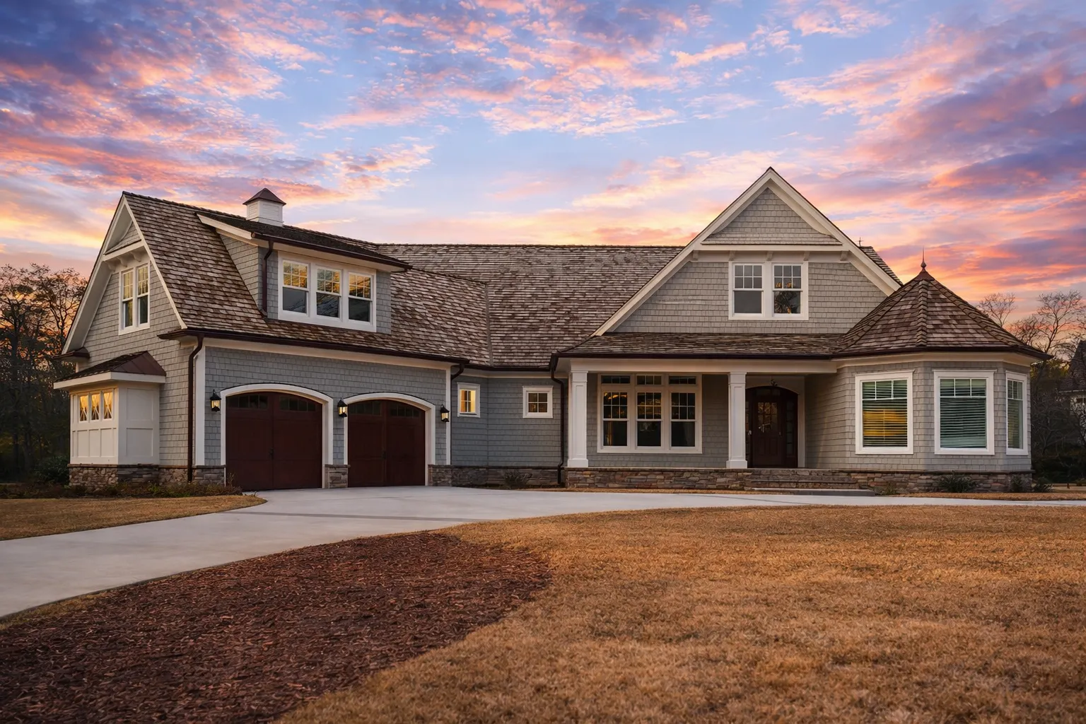 Front elevation of a New American Traditional house featuring horizontal siding, stone accents, steep gabled rooflines, and an inviting covered entry