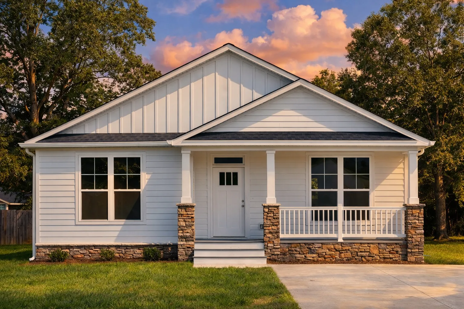 Craftsman HoFront elevation of a Traditional Ranch Craftsman Cottage home featuring horizontal siding, shake gables, and stone column bases beneath a covered porchme Plan with CAD Designs & Modern Features