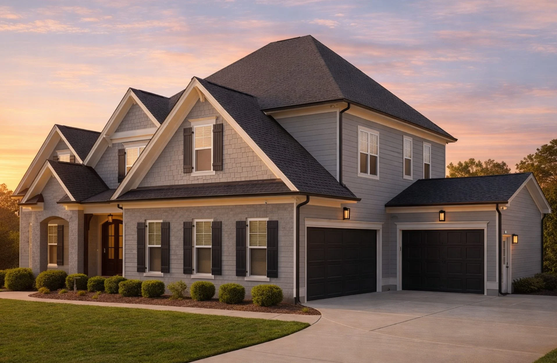 Front elevation of New American modern traditional home with brick exterior, lap siding, shake gables, arched entry, and symmetrical windows