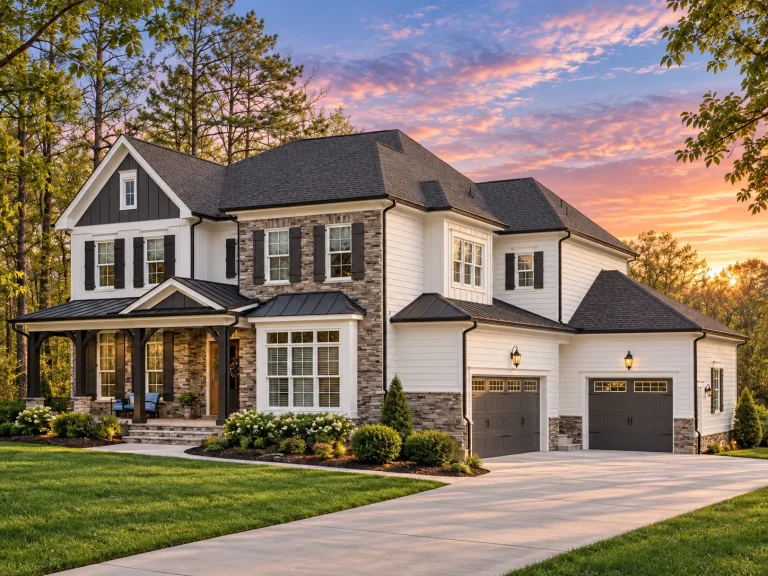 Front elevation of a Traditional Colonial and New American style home with stone veneer, horizontal siding, symmetrical windows, and classic shutters