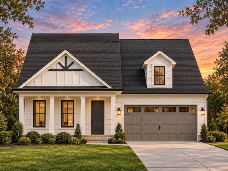 Front exterior view of a New American modern farmhouse cottage featuring board and batten siding, gabled rooflines, covered front porch, and an attached garage