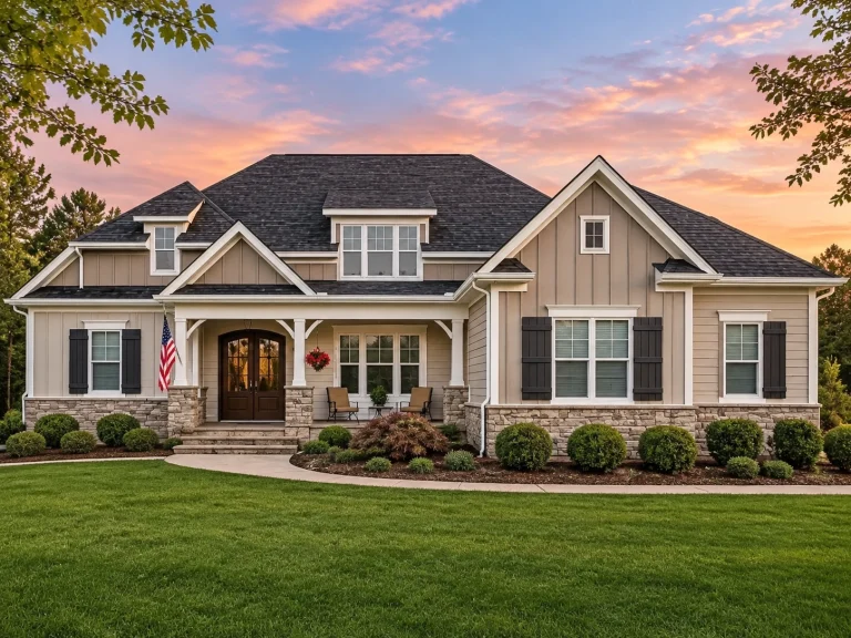 Front elevation of a Craftsman New American style home featuring board and batten siding, horizontal lap siding, stone accents, and a welcoming covered porch