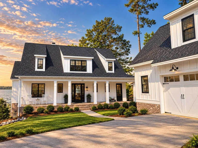 Top Designer-Approved House Plans 22 Front exterior of Nantucket Shingle Style coastal house with cedar shingles, stone foundation, covered porch, and waterfront sunset views