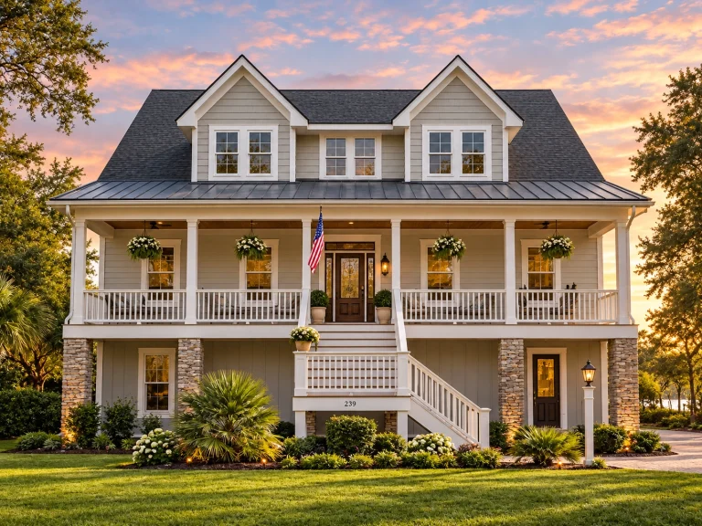 Front elevation of a Low Country Coastal Farmhouse with horizontal siding, raised foundation, wraparound porch, and metal roof