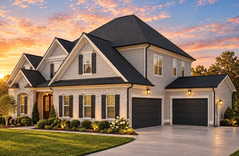 Front elevation of New American modern traditional home with brick exterior, lap siding, shake gables, arched entry, and symmetrical windows