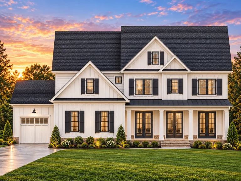 Front elevation of a Modern Farmhouse style home featuring vertical board and batten siding, black windows, and covered porch entry
