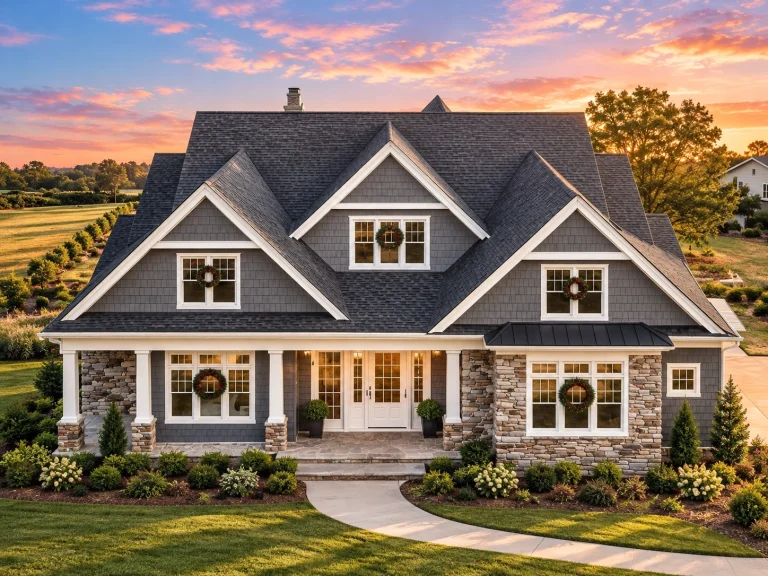 Best-Selling House Plans for Builders 15 Front exterior of a New American Modern Traditional house featuring board and batten siding, stone accents, gabled rooflines, and a covered front porch