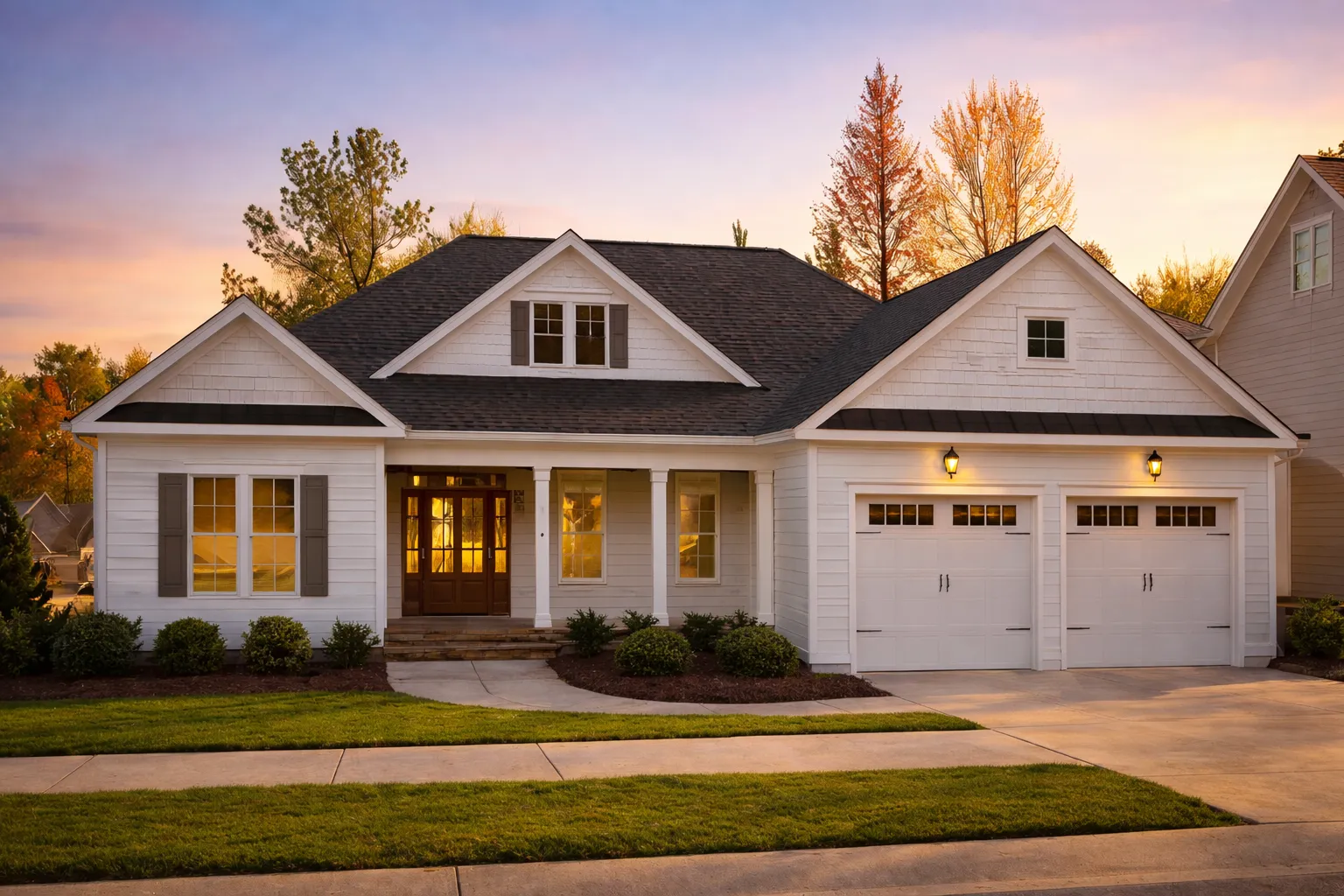 Front elevation of Modern Farmhouse style home with white board and batten siding, gable rooflines, and attached three-car garage