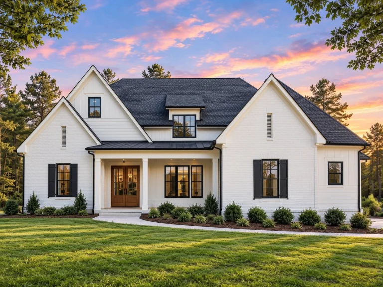 Front elevation of a New American Modern Traditional farmhouse with painted brick exterior, symmetrical gables, shutters, and covered entry porch
