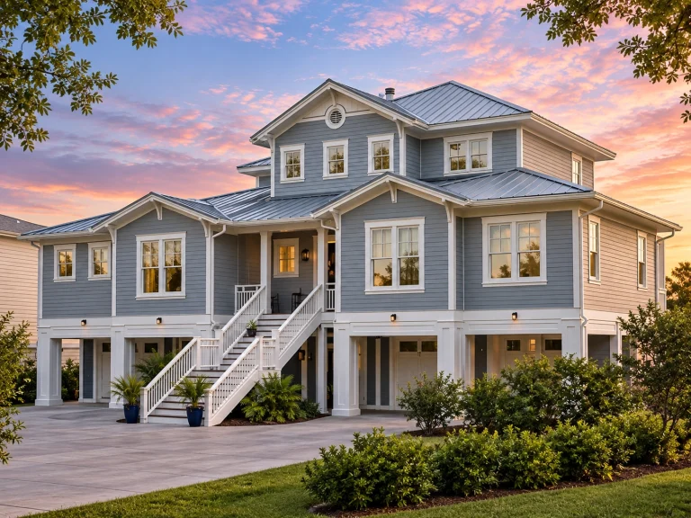 Front exterior of a Coastal Southern style home with elevated foundation, wraparound porch, lap siding, and standing seam metal roof