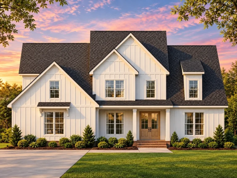 Ranch House Plans 10 Front elevation of a modern farmhouse style home featuring white board and batten siding, black windows, and a covered front porch