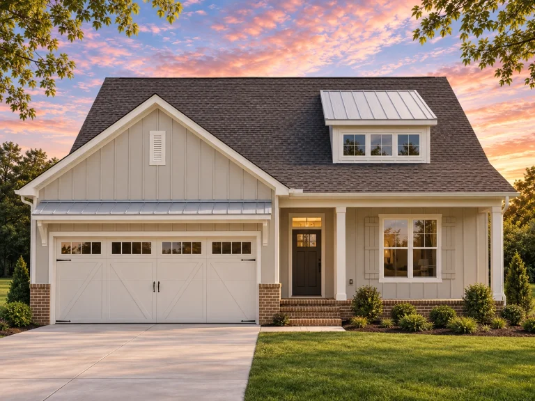 Front view of a Modern Farmhouse style home featuring board and batten siding, horizontal lap siding, and brick accents with a front porch and dormer window.