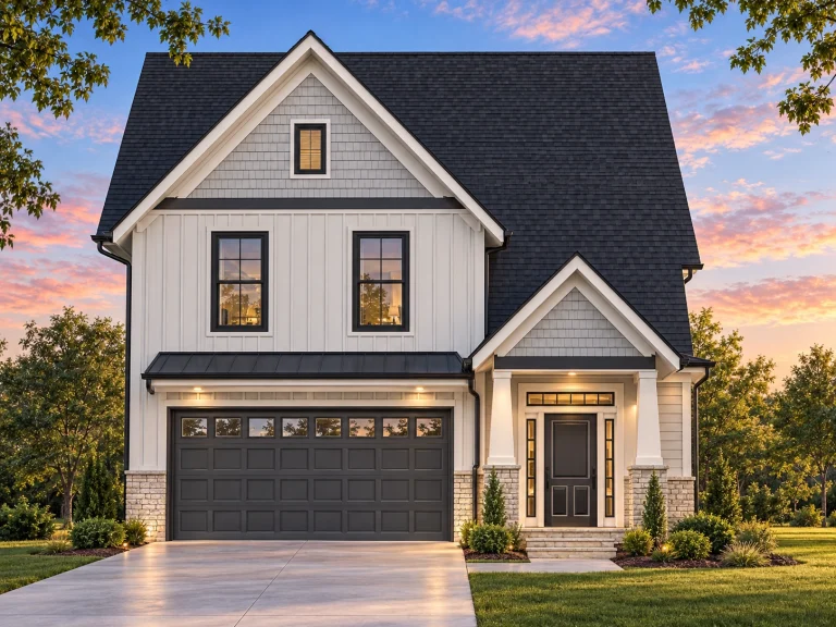 Front elevation of a Modern Farmhouse style home featuring clean board and batten siding, gable rooflines, and stone foundation accents for added curb appeal