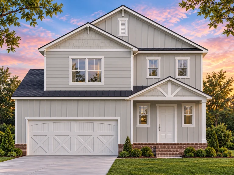 Front view of a Craftsman and New American style two-story house featuring board and batten siding, stone wainscoting, and a welcoming covered front porch with double garage.