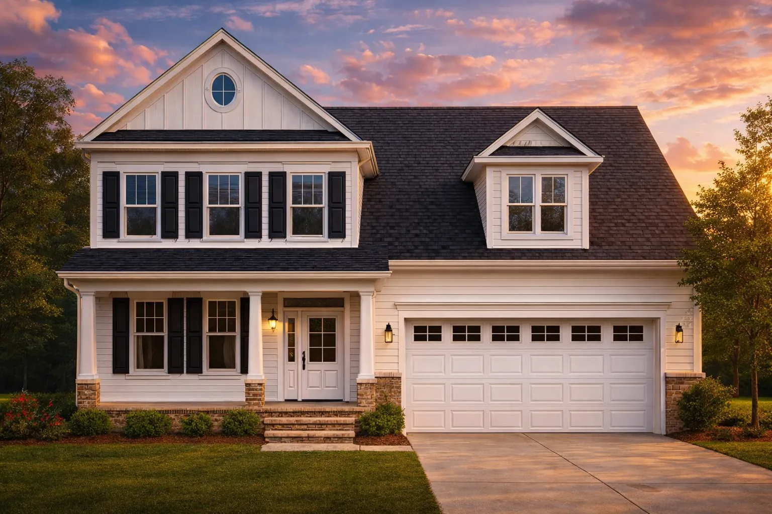 Front elevation of New American Traditional Colonial house with white lap siding, symmetrical windows, and attached two-car garage