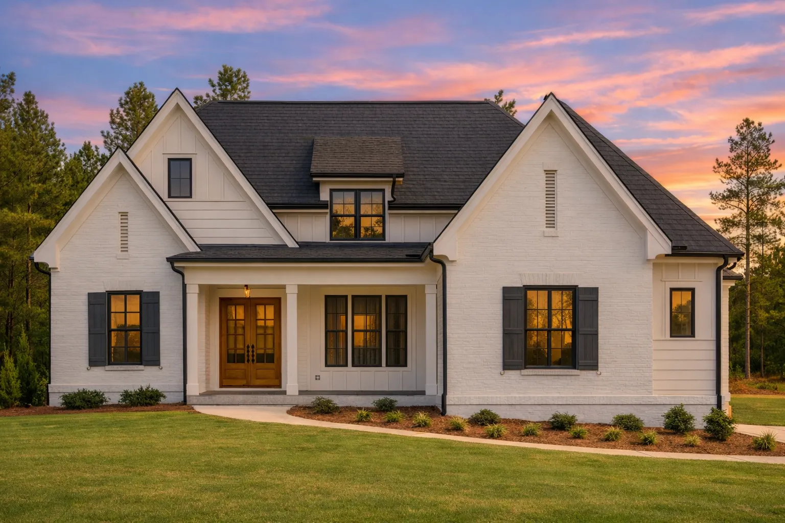 Front elevation of a New American Modern Traditional farmhouse with painted brick exterior, symmetrical gables, shutters, and covered entry porch