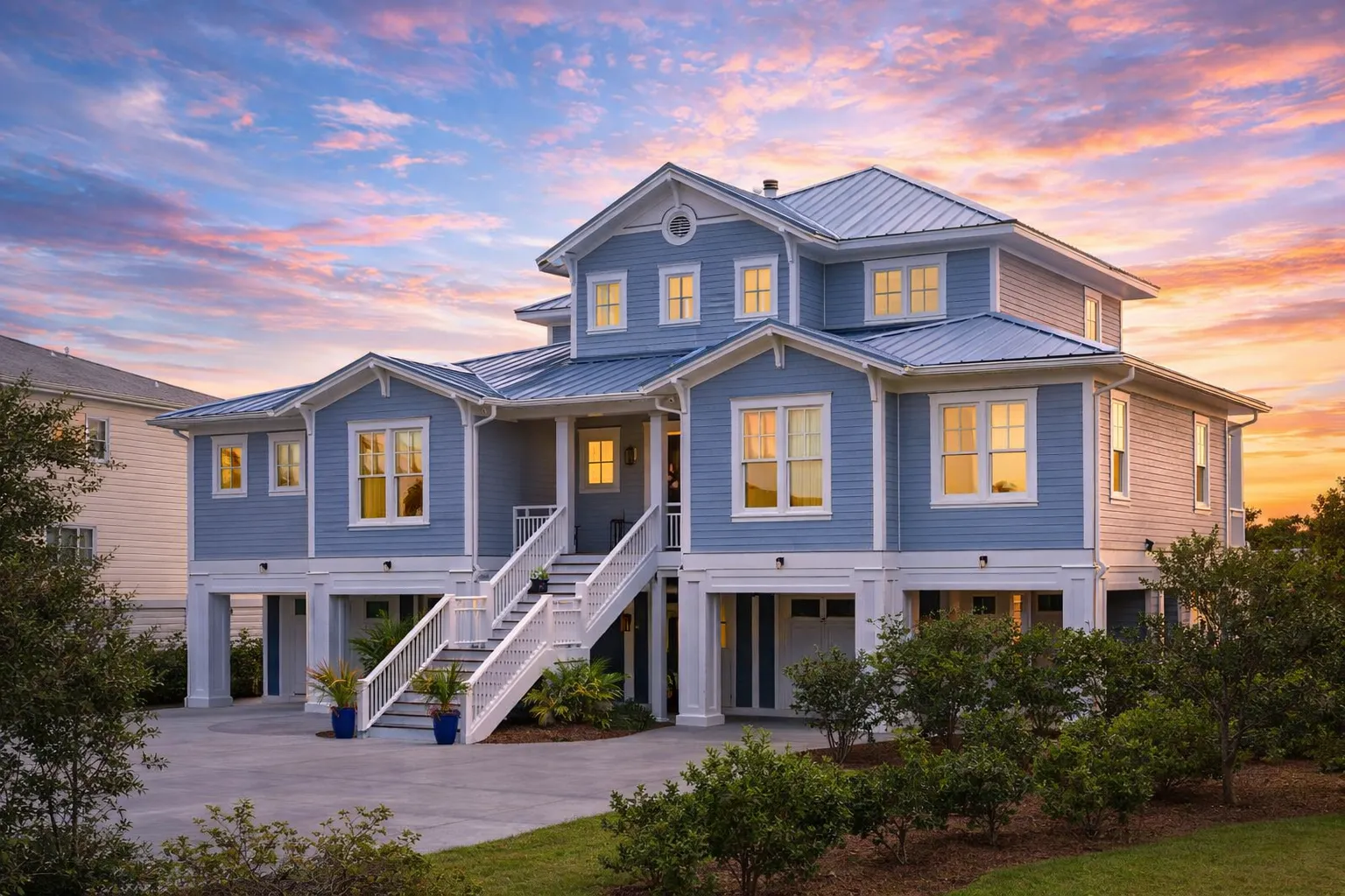Front exterior of a Coastal Southern style home with elevated foundation, wraparound porch, lap siding, and standing seam metal roof