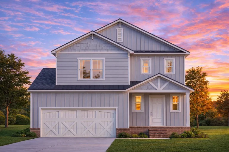 Front view of a Craftsman and New American style two-story house featuring board and batten siding, stone wainscoting, and a welcoming covered front porch with double garage.