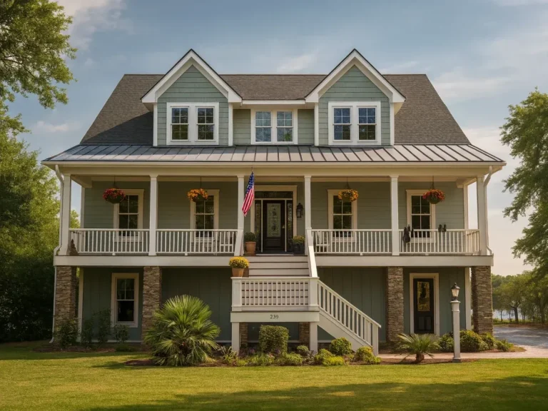 Front elevation of a Low Country Coastal Farmhouse with horizontal siding, raised foundation, wraparound porch, and metal roof
