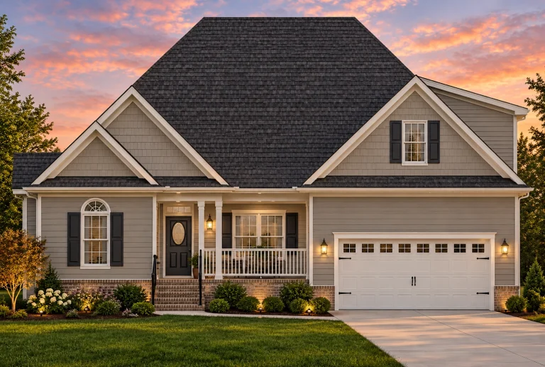 Contemporary House Plans 2 Front elevation of a traditional suburban two-story house with horizontal lap siding, brick foundation, covered porch, and two-car garage