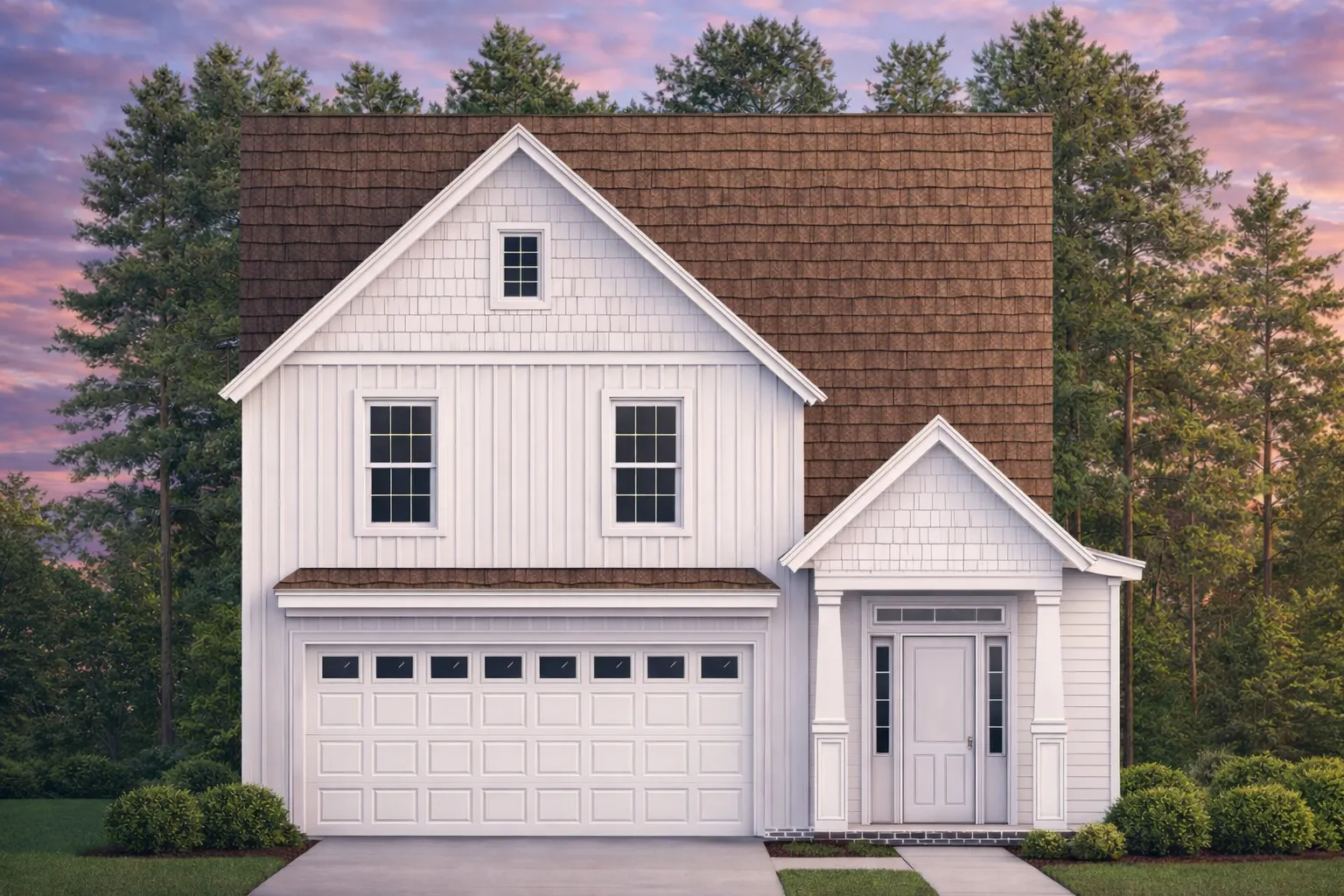 Front elevation of a Modern Farmhouse style home featuring clean board and batten siding, gable rooflines, and stone foundation accents for added curb appeal