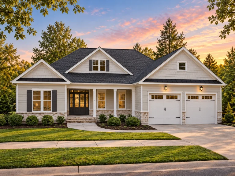 Front elevation of Modern Farmhouse style home with white board and batten siding, gable rooflines, and attached three-car garage