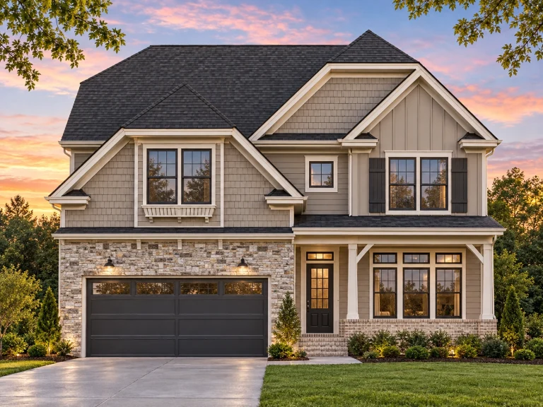 Front elevation of New American Modern Traditional home with shingle and lap siding, covered porch, and single-car garage