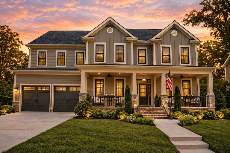 3 Bedroom House Plans 3 Front elevation of a Colonial style home with white lap siding, symmetrical windows, brick steps, and a full-width covered porch