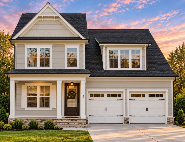 Front exterior of a New American style home with horizontal siding, stone accents, symmetrical windows, and a welcoming covered entry