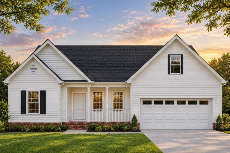Front elevation of a Traditional Ranch style home featuring horizontal lap siding, brick skirting, gable rooflines, and a covered front porch