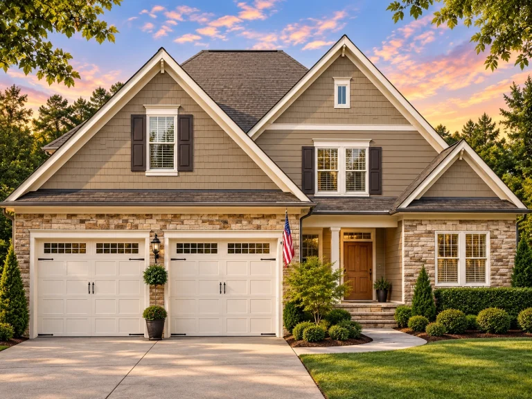Front exterior view of a Traditional Suburban Craftsman-style home with horizontal siding, stone accents, shutters, and a welcoming covered entry