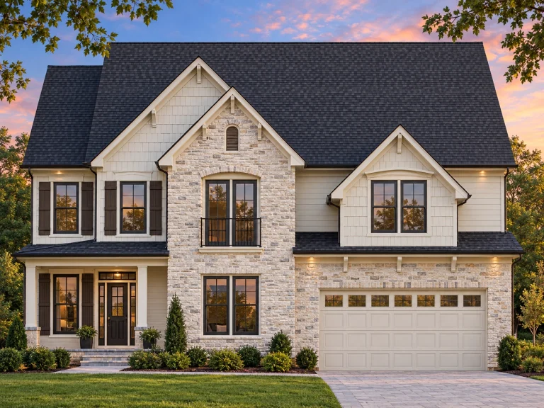 Front exterior of a New American style home with stone accents, horizontal siding, gabled rooflines, and a two-car garage