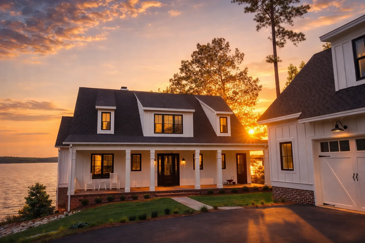 Front exterior of Nantucket Shingle Style coastal house with cedar shingles, stone foundation, covered porch, and waterfront sunset views