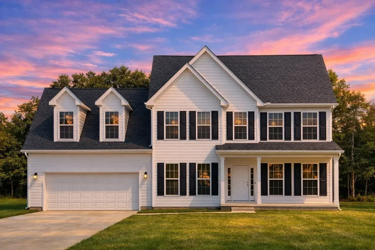 Front view of a Colonial Traditional style two-story home featuring white horizontal siding, black shutters, and a symmetrical facade with a gable roof and dormer windows.
