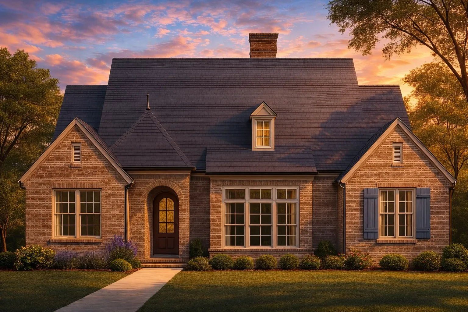 Front elevation of a Tudor Revival style home featuring brick exterior, steep gable roof, arched front entry, and charming dormer windows