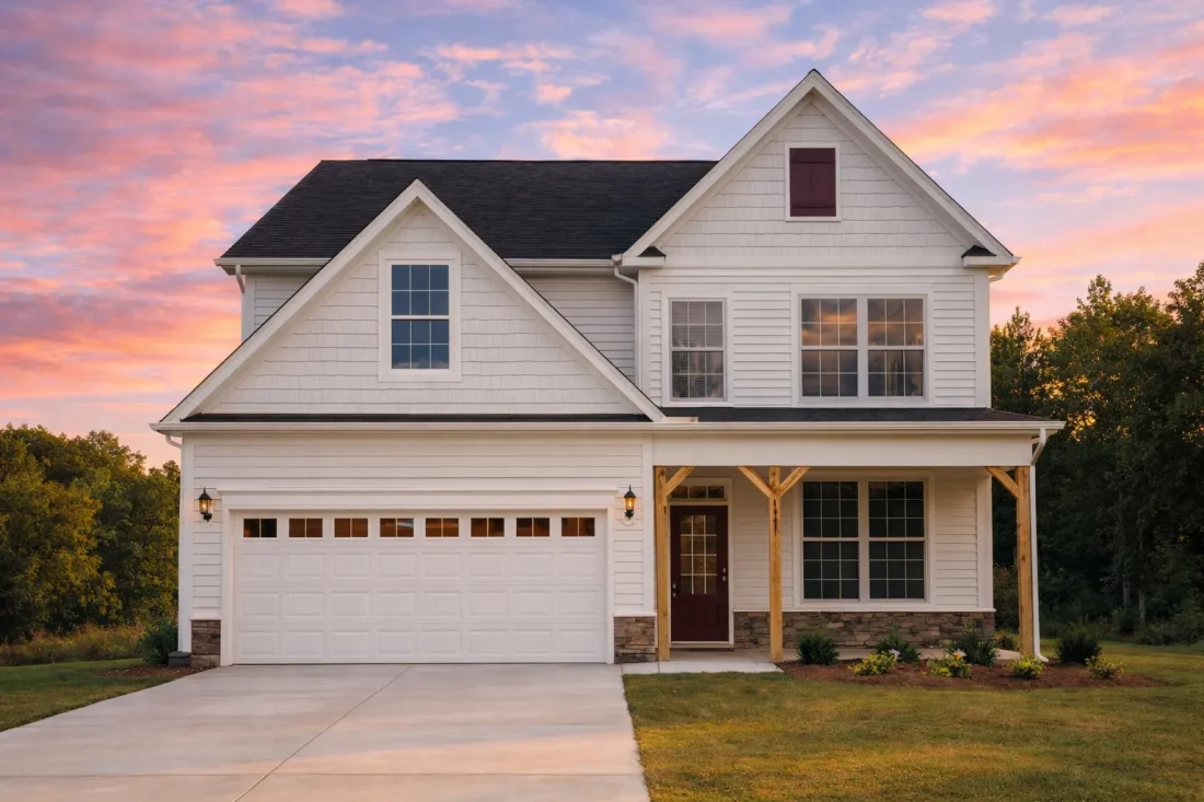 Front view of a Traditional New American style house featuring stone veneer accents, horizontal siding, board and batten detailing, and a welcoming front porch entry.