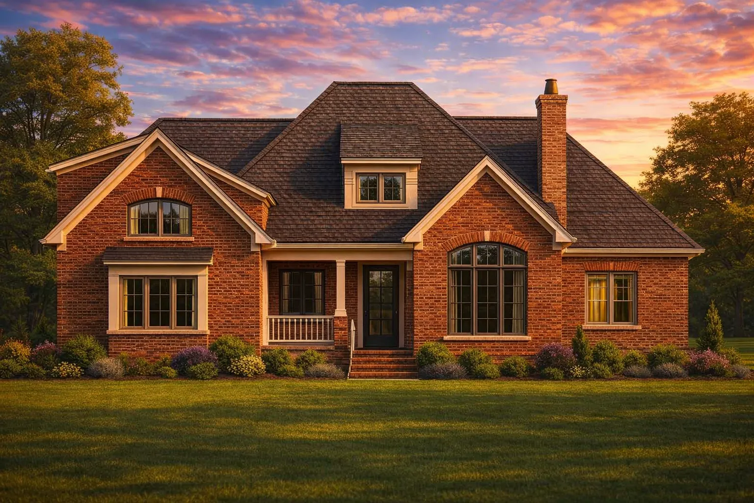 Front elevation of a French Country style home featuring stone and stucco exterior, steep hipped roof, and arched windows