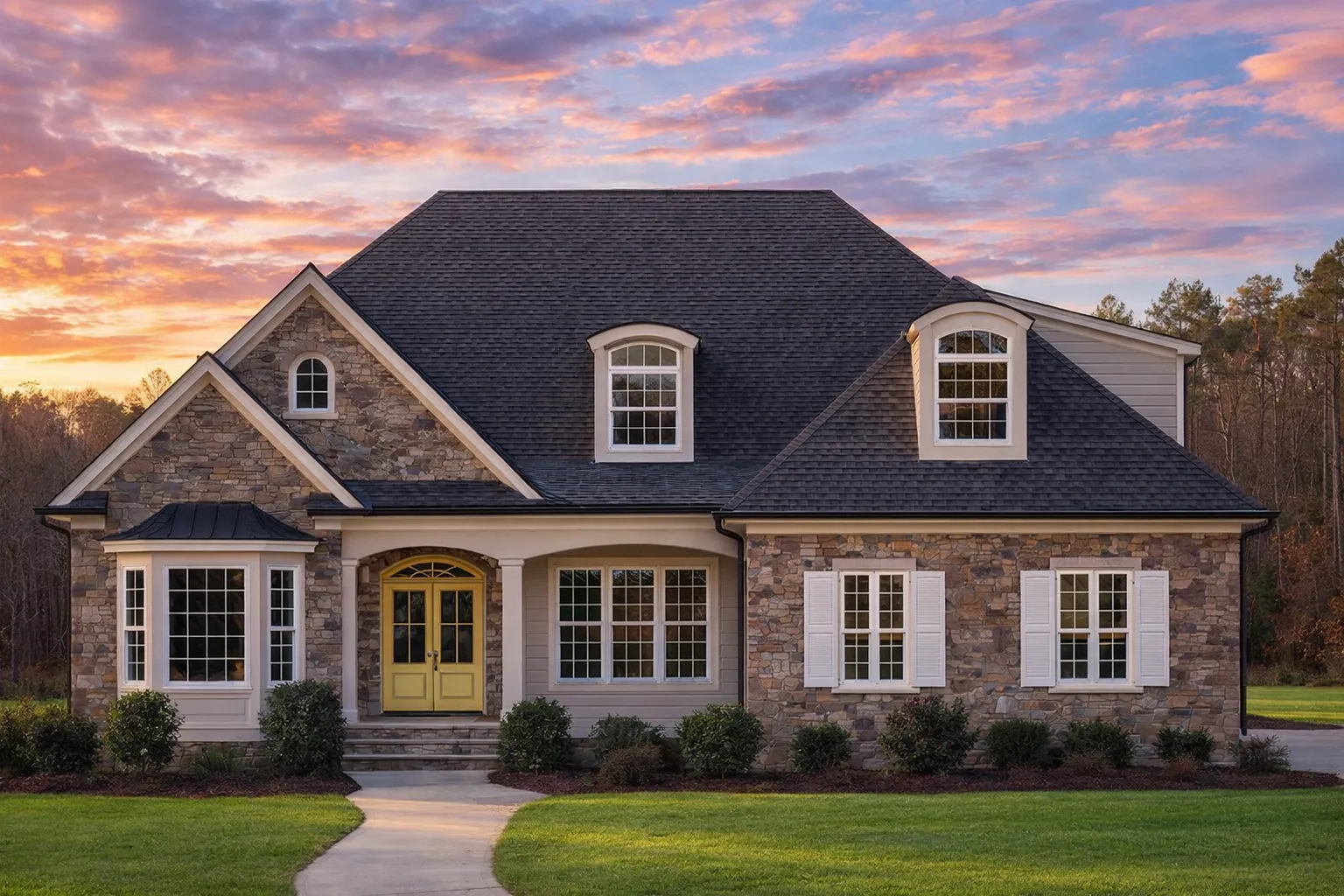 Front elevation of a Shingle Style Coastal Traditional house featuring cedar shingle siding, stone veneer, symmetrical windows, and a covered entry porch