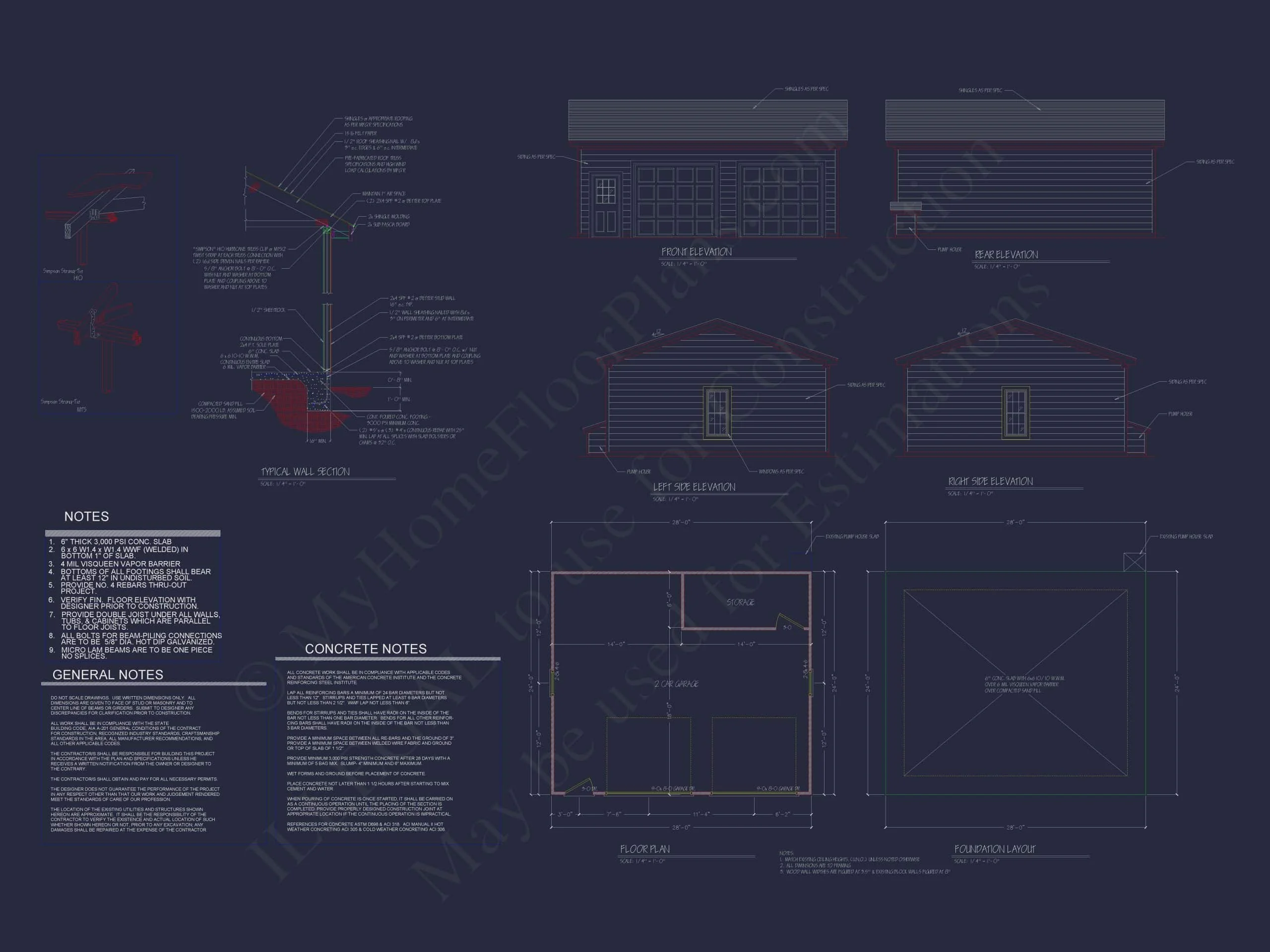 13-1723 GARAGE PLAN - 2-Bay Garage Plans with CAD Designs and Workshop Areas 4 13-1723 GARAGE