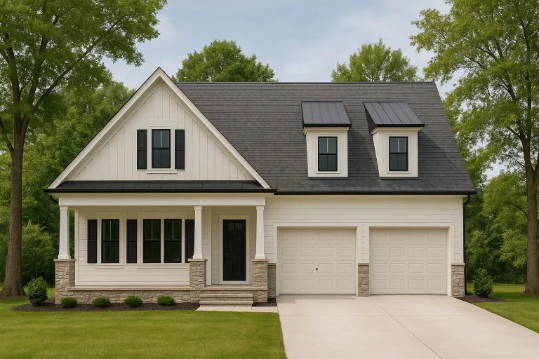 Front elevation of modern farmhouse style home with board and batten siding, stone accents, gabled rooflines, and two-car garage