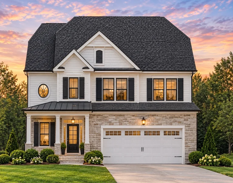 Front view of a Traditional Colonial style two-story home featuring stone veneer, horizontal lap siding, board-and-batten gable, and a welcoming covered entry porch.