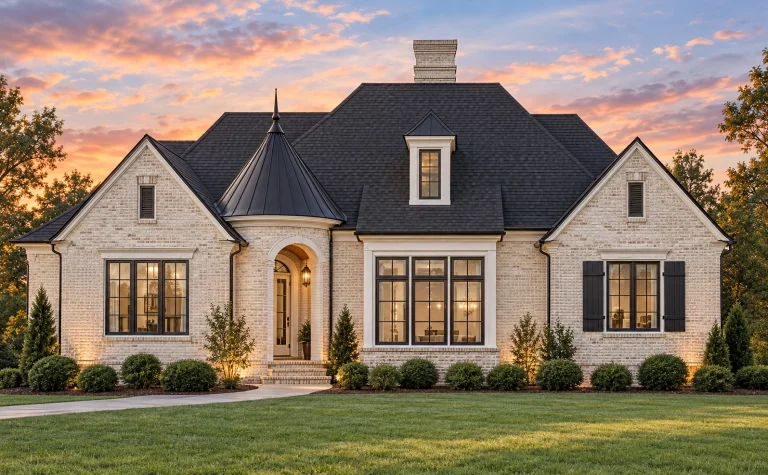 Front elevation of a Tudor Revival style home featuring brick exterior, steep gable roof, arched front entry, and charming dormer windows