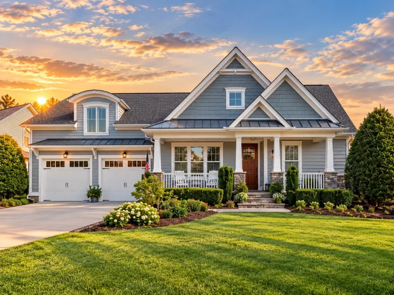 Front elevation of a Craftsman Traditional style home featuring shingle siding, stone accents, and a welcoming covered porch with tapered columns