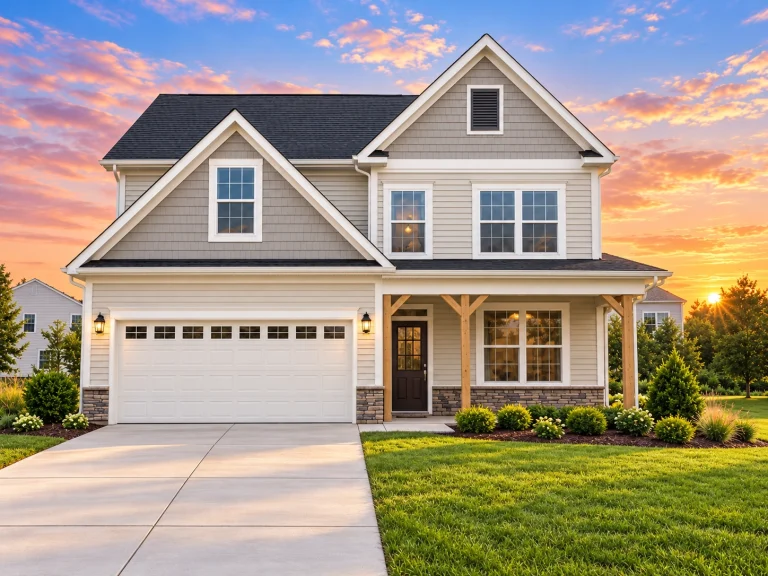 Front view of a Traditional New American style house featuring stone veneer accents, horizontal siding, board and batten detailing, and a welcoming front porch entry.