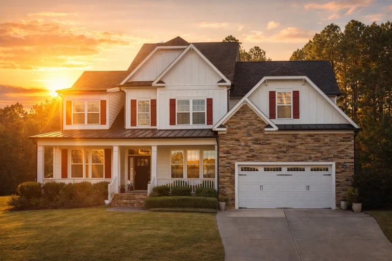 Front exterior view of a New American modern farmhouse style home with board and batten siding, stone accents, covered porch, and attached two car garage
