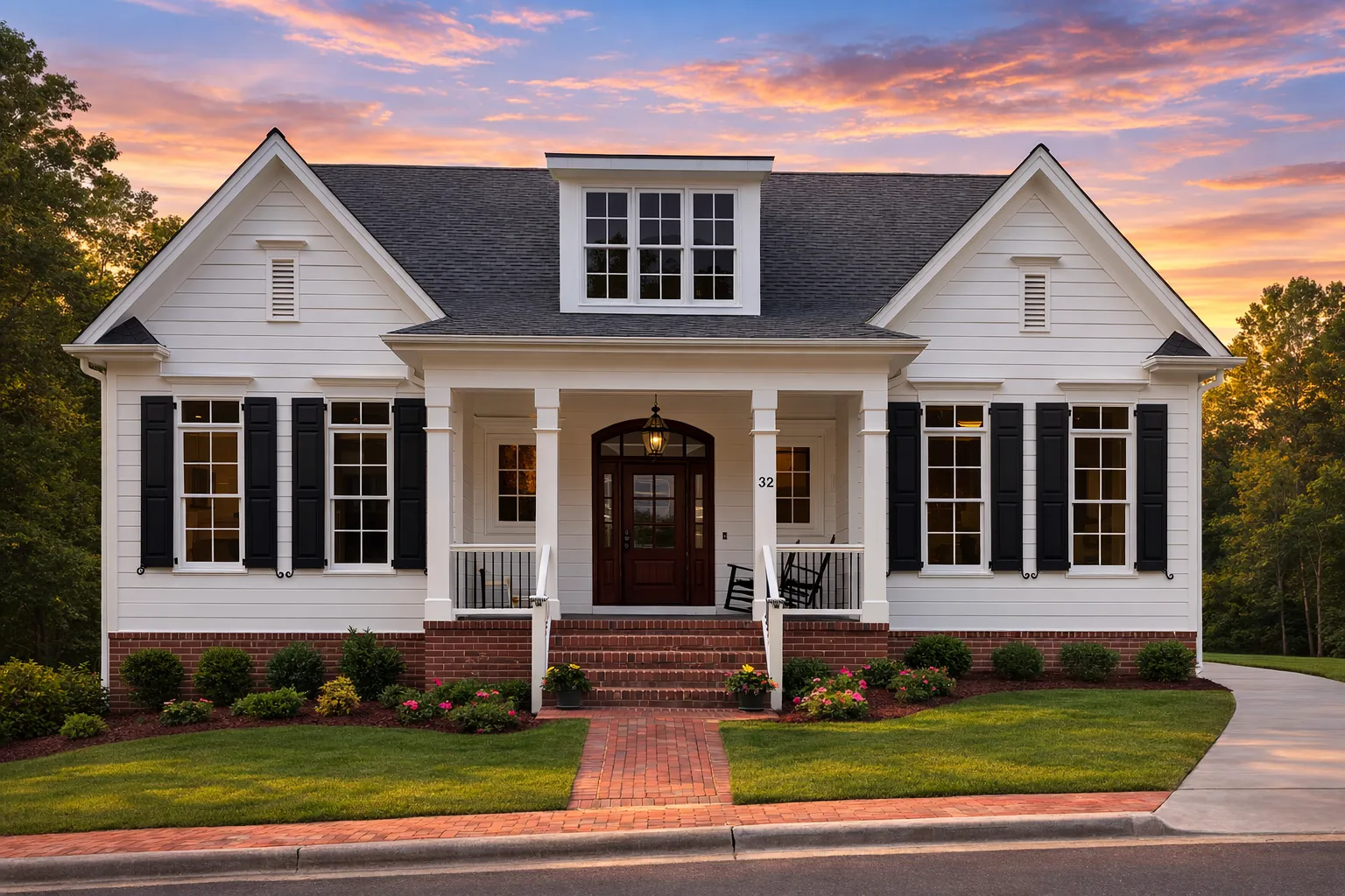 Cape Cod style home with steep gable roof, dormer, and central entry porch