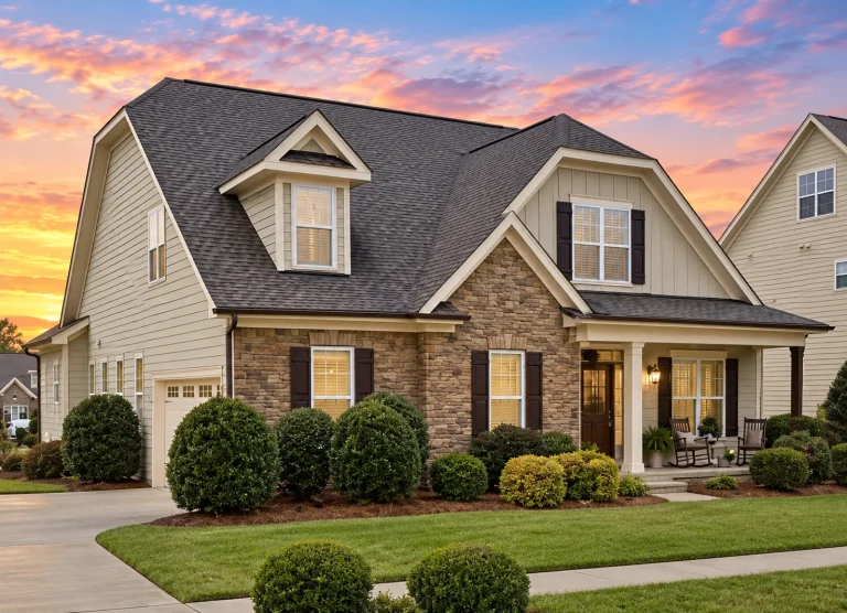 Front exterior view of a Traditional Suburban New American style home with mixed stone veneer, horizontal siding, gabled rooflines, and covered porch