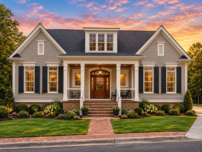 Cape Cod style home with steep gable roof, dormer, and central entry porch