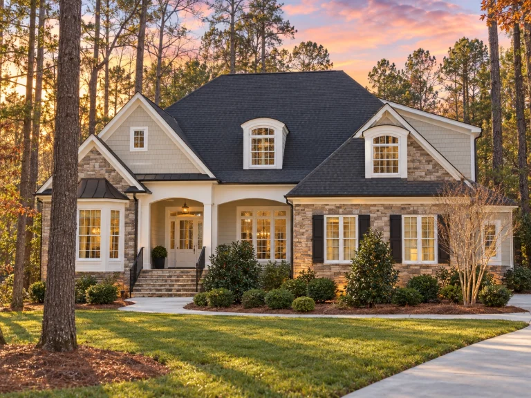 Front elevation of a Shingle Style Coastal Traditional house featuring cedar shingle siding, stone veneer, symmetrical windows, and a covered entry porch